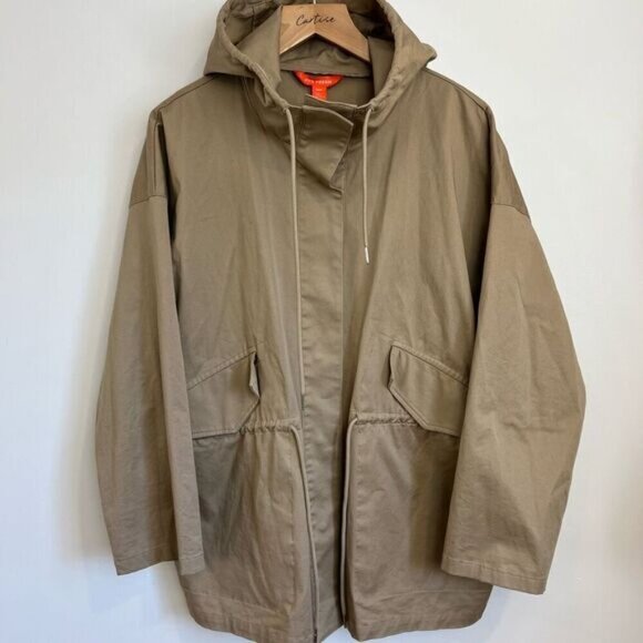 Joe Fresh Women’s Medium Tan Hooded Anorak Style Jacket Coat Snaps Cargo Oversiz - Picture 13 of 15